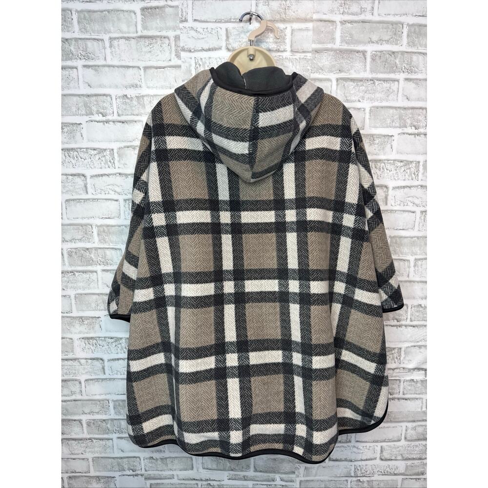 Rachel Rachel Roy Plaid Hooded Poncho Cape L/XL Black Tan Cozy Winter Wrap - Picture 5 of 7